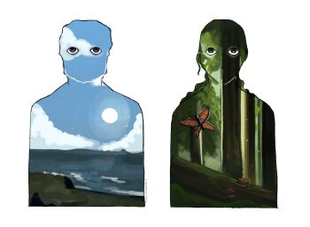 2others alex_(minecraft) blue_eyes bug butterfly cloud eyed_silhouette forest green_eyes highres illwilledomen insect log minecraft multiple_others mushroom nature outdoors silhouette steve_(minecraft) sun