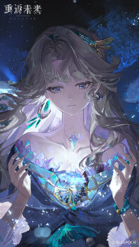 1girl absurdres bare_shoulders beryl_bouanich black_cloak blue_background blue_eyes cloak closed_mouth collarbone copyright_name copyright_notice crescent crescent_earrings crystal crystal_earrings dragonfly_hair_ornament earrings facing_viewer floating_earrings glowing grey_hair hands_up highres jewelry light_particles logo long_hair looking_down mismatched_earrings official_art official_wallpaper reverse:1999 solo upper_body