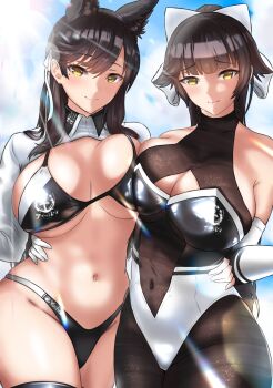 2girls animal_ears atago_(azur_lane) atago_(stunning_speedster)_(azur_lane) azur_lane bare_shoulders bikini black_bikini black_hair black_legwear blue_sky blunt_bangs blush bodystocking bow breast_press breasts cleavage cleavage_cutout closed_mouth clothing_cutout cloud commentary cowboy_shot day dog_ears elbow_gloves english_commentary extra_ears gloves groin hair_between_eyes hair_bow hair_flaps hair_ribbon hand_on_another's_waist highleg highleg_bikini highres kymp large_breasts lens_flare leotard light_rays logo long_hair looking_at_viewer midriff mole mole_under_eye multicolored_bikini multicolored_leotard multiple_girls navel navel_cutout pantyhose ponytail race_queen ribbon shiny_clothes shrug_(clothing) side-by-side sidelocks skindentation sky smile standing sunbeam sunlight swept_bangs swimsuit takao_(azur_lane) takao_(full_throttle_charmer)_(azur_lane) thighhighs two-tone_bikini two-tone_leotard underboob white_bow white_gloves white_ribbon white_sleeves