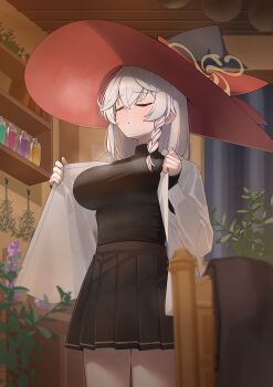 1girl :o absurdres black_skirt blue_archive blush braid breasts closed_eyes crossed_bangs eri_(blue_archive) fukujin hair_between_eyes halo hat highres impossible_clothes impossible_shirt large_breasts long_hair open_clothes open_shirt pleated_skirt red_hat shirt shirt_under_shirt sidelocks single_braid skirt solo steaming_body turtleneck turtleneck_shirt white_shirt witch_hat yellow_halo