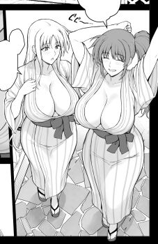 2girls arms_up blush breasts cleavage closed_eyes collarbone commentary fate_testarossa feet full_body greyscale high_side_ponytail highres huge_breasts ishigaki_takashi japanese_clothes kimono long_hair looking_at_another lyrical_nanoha monochrome multiple_girls parted_lips sandals sash side_ponytail sidelocks symbol-only_commentary takamachi_nanoha toes walking wide_hips wide_sleeves yukata