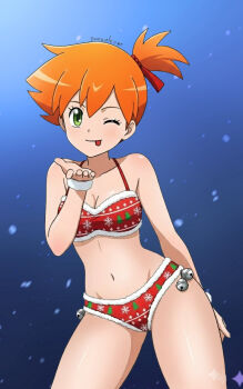 1girl ;) alexkonakona asymmetrical_hair bell bikini blush breasts christmas cleavage clenched_hand closed_mouth eyelashes fur-trimmed_bikini fur_trim green_eyes groin hair_ornament hair_ribbon hand_on_own_hip jingle_bell looking_at_viewer medium_breasts misty_(pokemon) navel nintendo one_eye_closed one_side_up orange_hair pokemon pokemon_(anime) pokemon_(classic_anime) pokemon_rgby ponytail red_bikini red_ribbon ribbon santa_bikini santa_costume short_hair side_ponytail smile snowflakes solo split_mouth standing swimsuit tongue tongue_out wink wrist_cuffs wristband