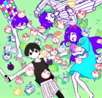 Rule 34 | 0 scyf, 1girl, 3boys, :d, \o/, ^ ^, antenna hair, arm up, arms up, aubrey (headspace) (omori), aubrey (omori), bare arms, bare legs, bare shoulders, barefoot, black eyes, black hair, black tank top, black thighhighs, blue dress, bow, brothers, bun bunny (omori), checkered clothes, checkered shirt, closed eyes, closed mouth, colored skin, cowboy shot, cupcake bunny (omori), double-parted bangs, dress, dust bunny (omori), empty eyes, feet out of frame, forest bunny (omori), from above, ghost bunny (omori), grin, hair behind ear, hair between eyes, hair bow, hashtag-only commentary, hero (headspace) (omori), hero (omori), holding, holding knife, holding stuffed toy, kel (headspace) (omori), kel (omori), knees together feet apart, knife, long hair, long sleeves, looking at viewer, lying, medium dress, midriff peek, mr. plantegg (omori), multiple boys, no nose, no pupils, omori, omori (omori), on back, on grass, on side, on stomach, open mouth, outdoors, outstretched arms, pancake bunny (omori), pants, pink bow, pinstripe pants, pinstripe pattern, pinstripe shirt, pinstripe shorts, puffy long sleeves, puffy sleeves, purple hair, shirt, short hair, short sleeves, shorts, siblings, sleeveless, sleeveless shirt, slime bunny (omori), smile, snow bunny (omori), space bunny (omori), stuffed eggplant, stuffed toy, tank top, thighhighs, tongue, very long hair, very short hair, white pants, white shirt, white shorts, white skin