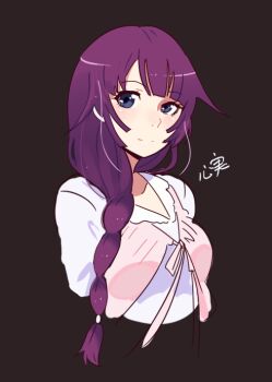 Rule 34 | 1girl, blue eyes, blunt bangs, blush, braid, braided ponytail, brown background, closed mouth, cropped torso, hair over shoulder, kokomi (aniesuakkaman), long hair, looking at viewer, monogatari (series), purple hair, senjougahara hitagi, signature, simple background, smile, solo, third-party source, upper body