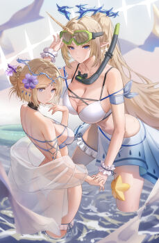 Rule 34 | 2girls, absurdres, alternate costume, alternate hairstyle, back, bare shoulders, bikini, blonde hair, blue eyes, breasts, cartethyia (wuthering waves), cleavage, closed mouth, commentary request, cowboy shot, crown of thorns, dual persona, earrings, fleurdelys (wuthering waves), flower, from behind, goggles, goggles on head, hair bun, hair flower, hair ornament, hand grab, hand up, highres, hodangdang ok, jewelry, korean commentary, large breasts, long hair, looking at viewer, median furrow, mixed-language commentary, multiple girls, navel, parted bangs, pointy ears, ponytail, sarong, scuba gear, short hair, shoulder blades, sidelocks, simple background, single hair bun, smile, stomach, swimsuit, swimsuit cover-up, tacet mark (wuthering waves), very long hair, white background, white bikini, white sarong, wuthering waves