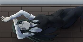 1girl arms_up asougi_rin breasts formal_clothes glasses green_eyes green_hair half-closed_eyes highres large_breasts legs long_hair looking_at_viewer lying mature_female mnemosyne office_lady pants parted_lips seductive_gaze seductive_smile smile solo teeth thighs