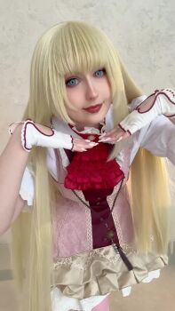 1girl animated blonde_hair blue_eyes breasts catzilla_chan clothes_lift cosplay cosplay_photo dress dress_lift emilie_de_rochefort emilie_de_rochefort_(cosplay) fingerless_gloves gloves large_breasts looking_at_viewer photo_(medium) real_life short_hair short_sleeves tagme tekken tekken_8 thick_thighs thighhighs thighs video