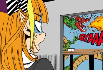 Rule 34 | 1girl, blonde hair, bow, bowtie, breath weapon, breathing fire, chopsticks, commentary request, diagonal-striped bow, diagonal-striped bowtie, diagonal-striped clothes, dragon, dragon ball, dragon horns, eastern dragon, fire, flying sweatdrops, gloom (expression), highres, holding, holding chopsticks, hololive, horns, kiryu coco, lee (dragon garou), multicolored hair, nervous sweating, orange hair, pointy ears, shenron (dragon ball), spicy, streaked hair, striped bow, striped bowtie, striped clothes, sweat, two-tone hair, virtual youtuber
