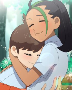 1boy 1girl absurdres ahoge arms_around_neck black_hair blush brown_hair carrying carrying_person cheek_squash closed_eyes closed_mouth couple dark-skinned_female dark_skin day eyelashes florian_(pokemon) flower forest green_hair hand_on_back happy head_grab highres hug lens_flare long_hair multicolored_hair nature nemona_(pokemon) nintendo outdoors pok3d pokemon pokemon_sv ponytail school_uniform shirt short_hair short_sleeves smile sparkling_eyes sunlight water waterfall