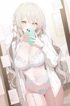 1girl blue_archive bow bow_bra bow_panties bra braid breasts cellphone cleavage collared_shirt commentary deyui dress_shirt english_commentary garter_belt grey_hair hair_bow hand_up highres holding holding_phone lace lace-trimmed_bra lace-trimmed_panties lace_trim large_breasts long_hair mirror mirror_selfie miyo_(blue_archive) navel no_pants open_clothes open_shirt paid_reward_available panties phone revision selfie shirt side_braid smartphone solo stomach thigh_gap translated underwear very_long_hair white_bow white_bra white_garter_belt white_panties white_shirt yellow_eyes