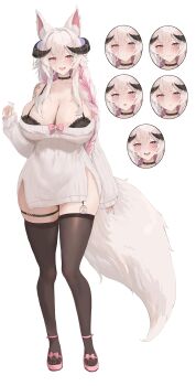 1girl absurdres animal_ears black_bra black_horns black_thighhighs blush bra braid breasts cleavage closed_mouth commentary curved_horns english_commentary fraeya_(vtuber) full_body highres horns huge_breasts indie_virtual_youtuber liaowen long_hair mole mole_on_breast mole_under_eye multiple_expressions off_shoulder open_mouth pink_eyes shoulder_tattoo simple_background sleeves_past_wrists smile tail tattoo thigh_strap thighhighs underwear very_long_hair virtual_youtuber white_background white_hair wolf_ears wolf_girl wolf_tail