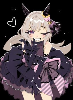 1girl absurdres bare_shoulders black_background black_dress black_gloves bourbunbun bow collarbone commentary curren_chan_(umamusume) drawn_heart dress ear_bow ear_covers ear_scrunchie elbow_gloves english_commentary frilled_dress frills gloves gothic_lolita heart highres horse_girl index_finger_raised lolita_fashion looking_at_viewer one_eye_closed pink_bow pink_eyes scrunchie simple_background solo striped_bow teeth umamusume watermark yellow_scrunchie