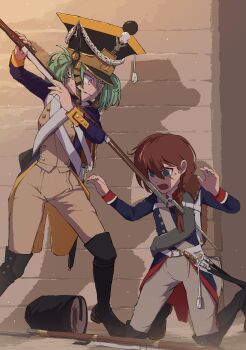 2girls absurdres antique_firearm bayonet blue_coat braid brown_hair brown_pants coat empty_eyes firearm green_eyes green_hair gun hat highres holding holding_gun holding_weapon kneeling long_sleeves military_uniform multiple_girls musket open_clothes open_coat open_mouth original pants parted_lips scared single_braid stab tearing_up teeth two_side_up weapon zeinikunosekai
