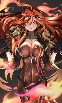 1girl absurdres ahoge barona biker_clothes bikesuit black_background black_bodysuit black_gloves blonde_hair bodysuit breasts cleavage commentary_request earrings eyewear_on_head fire floating_hair genshin_impact gloves hair_between_eyes highres jewelry large_breasts light_smile lips long_hair long_sleeves looking_at_viewer mavuika_(genshin_impact) multicolored_eyes multicolored_hair parted_lips partial_commentary partially_unzipped pyrokinesis red_eyes red_hair rimless_eyewear solo symbol_in_eye tinted_eyewear two-tone_eyes very_long_hair wide_sleeves yellow_pupils
