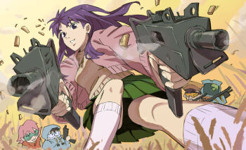 00s 2boys 2girls :3 bullet canti dual_wielding flcl foreshortening gun haruhara_haruko holding jibon long_hair mac-10/11 machine_pistol multiple_boys multiple_girls nandaba_kamon nandaba_naota ninamori_eri perspective purple_hair submachine_gun weapon