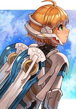 1girl 20060715 absurdres ahoge armor armored_bodysuit blonde_hair blue_sky bodysuit cloud cloudy_sky commentary cyborg fiora_(xenoblade) green_eyes headpiece highres looking_to_the_side mecha-fiora short_hair sky solo turtleneck turtleneck_bodysuit xenoblade_chronicles_(series) xenoblade_chronicles_1