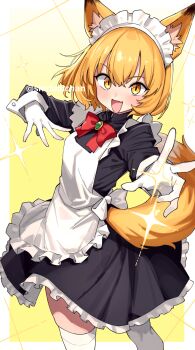 1girl animal_ear_fluff animal_ears apron black_dress blonde_hair bow bowtie breasts brooch commentary commission dress fang fox_ears fox_girl fox_tail frilled_apron frilled_dress frills gloves gosu_mei_(sakifox) gradient_background highres jewelry long_sleeves looking_at_viewer maid maid_apron maid_headdress open_mouth original red_bow red_bowtie shigatsu_shizuki short_hair skeb_commission skin_fang small_breasts solo tail thighhighs white_apron white_gloves white_thighhighs yellow_background yellow_eyes