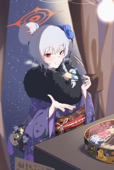 1girl absurdres bag black_wings blue_archive chopsticks fish fish_(food) floral_print flower food fur_collar grin hair_bun hair_flower hair_ornament halo haruna_(blue_archive) haruna_(new_year)_(blue_archive) highres holding holding_chopsticks japanese_clothes kimono long_sleeves looking_at_viewer obi plentyofempty purple_kimono red_eyes sash shrimp shrimp_tempura single_hair_bun single_wing smile snowing solo sushi tempura wide_sleeves wings