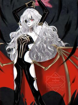 1girl animal_ears bat_wings black_bodysuit black_lips bodysuit commentary embla_(fire_emblem) eyepatch fire_emblem fire_emblem_heroes gold_trim grey_background halo helen_(helen2210hk) highres lipstick long_hair makeup metal_gloves nintendo pointy_ears red_eyes skinny solo unkempt very_long_hair watermark wings