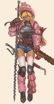 Rule 34 | 1girl, absurdres, armor, blonde hair, blunt bangs, blush, breastplate, cellphone, colored tips, denim, denim shorts, gauntlets, gorget, grin, gyaru landsknecht (centurii-chan), hat, highres, holding, holding phone, holding sword, holding weapon, jacket, kkghost tv, knee guards, leg warmers, long hair, multicolored hair, original, phone, pink hat, pink jacket, pink leg warmers, purple eyes, sabaton, short shorts, shorts, sidelocks, smartphone, smile, solo, star-shaped pupils, star (symbol), stuffed animal, stuffed toy, sword, symbol-shaped pupils, tan, thighhighs, weapon, white thighhighs, zweihander