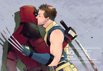 2boys beard blood bloody_weapon blue_gloves blush bodysuit brown_hair claw_(weapon) clenched_hand closed_eyes commentary_request couple deadpool deadpool_&amp;_wolverine deadpool_(series) facial_hair gloves highres holding holding_sword holding_weapon katana kiss male_focus marvel multicolored_bodysuit multiple_boys pectorals red_bodysuit red_mask sherlock7akane short_hair sleeveless superhero_costume sword two-tone_bodysuit weapon wolverine_(x-men) x-men yaoi yellow_bodysuit