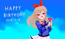 Rule 34 | 1girl, aikatsu!, aikatsu! (series), blonde hair, blue background, blue jacket, bow, brooch, buttons, cowboy shot, dated, double-breasted, floating hair, flower, hair bow, half-closed eyes, hands up, happy birthday, head tilt, highres, holding, holding flower, hoshimiya ichigo, jacket, jewelry, long sleeves, looking at viewer, neck ribbon, open mouth, osouzai-kun, own hands together, pleated skirt, red bow, red eyes, red flower, red ribbon, ribbon, school uniform, skirt, smile, solo, standing, white skirt