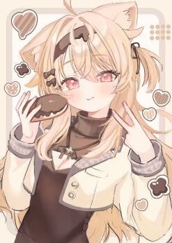 1girl :t ahoge animal_ear_fluff animal_ears black_hairand black_ribbon blonde_hair blush breasts brown_sweater cat_ears cat_girl cleavage cleavage_cutout closed_mouth clothing_cutout commentary cropped_jacket donut dot_nose eku_(vrchat) food hair_between_eyes hair_intakes hair_ribbon ham3c hands_up heart highres holding holding_donut holding_food jacket long_hair long_sleeves looking_at_viewer open_clothes open_jacket ribbon solo sweater turtleneck turtleneck_sweater two_side_up upper_body v vrchat white_background yellow_jacket