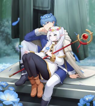 Rule 34 | 1boy, 1girl, ;), absurdres, belt, black belt, black pantyhose, blue eyes, blue flower, blue hair, blurry, blurry background, boots, brown footwear, cape, capelet, casting spell, chinese commentary, closed mouth, commentary request, dress, earrings, elf, eyelashes, field, flower, flower field, flower wreath, foot out of frame, frieren, full body, green eyes, grey hair, head wreath, highres, himmel (sousou no frieren), holding, holding staff, jewelry, knees up, leaning back, leaning on person, legs together, long hair, long sleeves, looking at another, mage staff, mole, mole under eye, one eye closed, pants, pantyhose, parted bangs, parted lips, pointy ears, short dress, short hair, sitting, sitting between legs, smile, sousou no frieren, staff, statue, thick eyebrows, thighs, tsurime, twintails, white cape, white capelet, white dress, white pants, wide sleeves, wish-tf