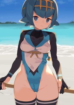 1girl absurdres alternate_costume beach black_thighhighs blue_eyes blue_hair blue_sky breasts closed_mouth cloud curvy day gloves highleg highleg_leotard highres lana_(pokemon) leotard looking_at_viewer medium_breasts nintendo ocean outdoors partially_fingerless_gloves pokemon pokemon_sm shiny_skin short_hair sky solo spring2013 thighhighs wide_hips