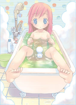 1girl :o absurdres barefoot bathtub blue_eyes blush breasts character_request check_character check_copyright convenient_censoring copyright_request highres in_bathtub indoors long_hair looking_down moetan nijihara_ink nude open_mouth parted_bangs pink_hair pop_(electromagneticwave) rubber_duck shampoo_bottle shower_head small_breasts solo steam wet