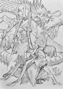 Rule 34 | dragon, highres, japanese clothes, kimono, monochrome, original, sketch, traditional media, urana kei
