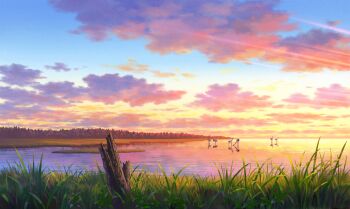 animal bird cloud cloudy_sky commentary_request evening gradient_sky grass hariken highres lake nature no_humans original outdoors scenery sky
