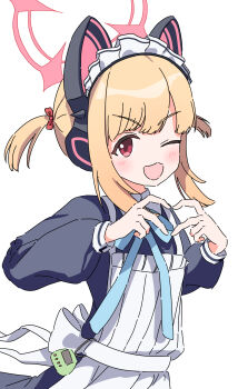 1girl ;d animal_ear_headphones animal_ears apron black_dress blonde_hair blue_archive blue_ribbon blunt_bangs blush bow cat_ear_headphones cat_ears commentary dress fake_animal_ears four-finger_heart_hands frilled_apron frills hair_bow hair_ornament halo headdress headphones heart heart_hands highres long_sidelocks long_sleeves looking_at_viewer maid maid_headdress momoi_(blue_archive) momoi_(maid)_(blue_archive) neck_ribbon nyan_(float_495) one_eye_closed open_mouth pink_halo red_bow red_eyes ribbon short_twintails sidelocks simple_background sleeve_cuffs smile solo twintails upper_body virtual_pet_(toy) white_apron white_background white_headdress