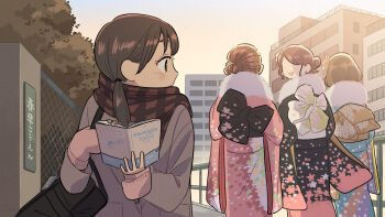 4girls bag blush book brown_hair city coat commentary_request faceless faceless_female floral_print hair_bun highres holding holding_book japanese_clothes kimono kojiro337 looking_at_another mittens morning multiple_girls original outdoors pink_mittens scarf school_bag short_twintails twintails walking winter_clothes yukata