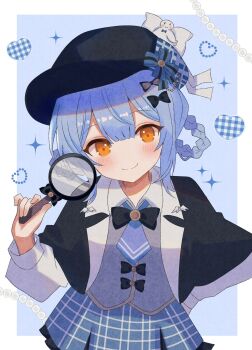 Rule 34 | 1girl, black capelet, black hat, blue hair, blue skirt, braid, braided hair rings, brown eyes, capelet, collared shirt, deerstalker, detective, grey vest, hair rings, hat, highres, long sleeves, looking at viewer, magnifying glass, mahou shoujo no majo saiban, necktie, plaid clothes, plaid skirt, shirt, skirt, smile, solo, tachibana sherry, vest, yua 666666