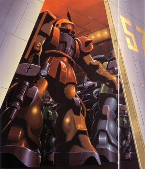 1980s_(style) absurdres army cable gun gundam hangar highres machine_gun machinery mecha mecha_focus mobile_suit mobile_suit_gundam no_humans oldschool one-eyed ookawara_kunio open_hatch painting_(medium) radio_antenna red_eyes retro_artstyle robot scan science_fiction scope shield shoulder_spikes spikes traditional_media weapon zaku_ii zaku_ii_s_char_custom zeon