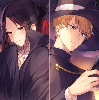 1boy 1girl absurdres black_cape black_jacket blonde_hair blue_eyes cape collarbone commentary_request crying crying_with_eyes_open folded_ponytail hat highres holding jacket juugonichi_(wheeliex2) kaguya-sama_wa_kokurasetai_~tensai-tachi_no_renai_zunousen~ outdoors red_eyes red_ribbon ribbon school_uniform serious shinomiya_kaguya shirogane_miyuki short_hair shuuchiin_academy_school_uniform split_screen tears weapon