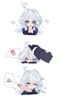 blue_eyes blue_hair cum cum_in_mouth fellatio furina_(genshin_impact) genshin_impact oral tearing_up white_hair