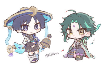 2boys ahoge bead_necklace beads bell black_bodysuit black_bridal_gauntlets black_gloves black_hair black_sandals black_shoes black_shorts blue_gemstone blue_hat blue_kimono blunt_ends blush_stickers bodysuit bridal_gauntlets bright_pupils cape chibi closed_mouth curtained_hair eyeliner eyeshadow facial_mark feathers forehead_mark full_body furisode gem genshin_impact gloves gold gold_ring green_hair grey_pants hair_intakes hakama hakama_shorts hat holding holding_polearm holding_weapon hoshizuki_chimama japanese_clothes jewelry jingasa juban kimono leg_warmers looking_at_viewer makeup mandarin_collar middle_ring multiple_boys necklace on_one_knee open_clothes open_kimono pants parted_bangs pleated_shorts polearm pom_pom_(clothes) purple_cape purple_eyes red_eyeliner red_eyeshadow sandals scaramouche_(genshin_impact) shoes short_sleeves shorts shoulder_spikes single_sleeve smile spikes toeless_legwear tsurime tulaytullah&#039;s_remembrance_(genshin_impact) twitter_username wanderer_(genshin_impact) weapon white_background white_kimono white_leg_warmers white_pupils white_sleeves wide_sleeves wispy_bangs xiao_(genshin_impact) yellow_eyes yellow_feathers zouri