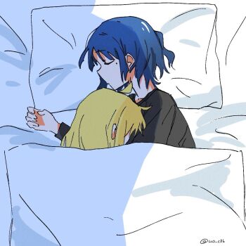 2girls ahoge blonde_hair blue_hair bocchi_the_rock! closed_eyes commentary_request cuddling from_above hair_down ijichi_nijika mole mole_under_eye multiple_girls pillow short_hair sleeping under_covers uo_c06 yamada_ryo yuri