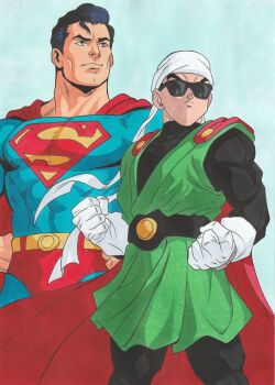 2boys bandana black_bodysuit black_hair blue_background blue_bodysuit bodysuit cape clenched_hands cowboy_shot crossover dc_comics dragon_ball dragonball_z great_saiyaman green_tunic male_focus multiple_boys muscular muscular_male red_cape short_hair simple_background son_daitsu son_gohan sunglasses superhero_costume superman superman_(series) tunic white_bandana