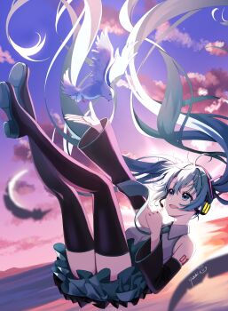 1girl absurdres ahoge aqua_eyes aqua_hair aqua_necktie aqua_trim arm_tattoo bird black_skirt blush boots breasts cloud collared_shirt commentary_request detached_sleeves dove floating floating_hair grey_shirt hair_between_eyes hair_ornament hatsune_miku headphones headset highres long_hair long_sleeves looking_at_another looking_up medium_breasts necktie number_tattoo open_mouth pleated_skirt shirt skirt sleeveless sleeveless_shirt smile solo tattoo thigh_boots thighhighs twintails very_long_hair vocaloid white_bird wide_sleeves yuzukinekoneko zettai_ryouiki