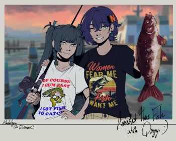 Rule 34 | 2girls, :3, absurdres, alternate costume, animal, belle (zenless zone zero), black hair, black shirt, blue hair, blurry, blurry background, brown shorts, buoy, closed mouth, collarbone, commentary, commission, earrings, english commentary, english text, fake photograph, fish, fishing rod, game screenshot background, grin, hadalogic, hair ornament, highres, holding, holding animal, holding fish, holding fishing rod, jewelry, letter hair ornament, meme, multiple girls, of course i cum fast (meme), picture frame, pier, print shirt, qingyi (zenless zone zero), screenshot background, shirt, short sleeves, shorts, single earring, smile, t-shirt, twintails, water, white shirt, women want me fish fear me (meme), zenless zone zero