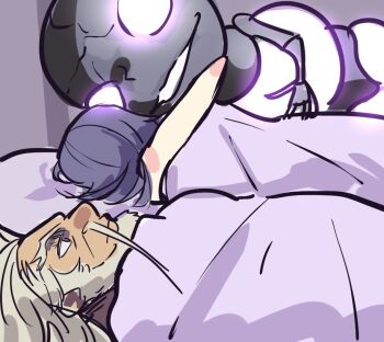 1boy 1girl 500_dollar_four_foot_tall_mareep_(meme) bed doll drag-on_dragoon drag-on_dragoon_3 holding holding_doll kokomi_(aniesuakkaman) meme octa_(drag-on_dragoon) old old_man purple_hair three_(drag-on_dragoon)
