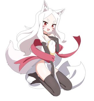 1girl :d absurdres animal_ear_fluff animal_ears black_choker black_gloves black_thighhighs breasts choker crescent_print dress elbow_gloves facial_mark fang fox_ears fox_girl fox_tail gloves hand_on_own_chest highres kutsusama long_hair moon_print open_mouth pelvic_curtain red_eyes sewayaki_kitsune_no_senko-san shiro_(sewayaki_kitsune_no_senko-san) side_slit simple_background small_breasts smile strapless strapless_dress tail thick_eyebrows thighhighs v-shaped_eyebrows whisker_markings white_background white_dress white_hair