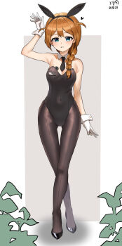 1girl animal_ear_hairband animal_ears arm_up baba_konomi black_leotard black_necktie black_pantyhose black_shoes blue_eyes blush braid brown_hair covered_navel crossed_legs detached_collar fake_animal_ears full_body gloves gluteal_fold hair_over_shoulder hairband heart high_heels highres idolmaster idolmaster_million_live! leotard long_hair looking_at_viewer myeolchi necktie pantyhose parted_lips playboy_bunny poker_chip rabbit_ear_hairband rabbit_ears shoes single_braid solo standing strapless strapless_leotard thigh_gap two_side_up watson_cross white_gloves