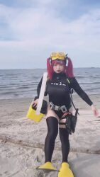 1girl animated asian ass back beach belt black_gloves black_thighhighs black_wetsuit bodysuit breasts brown_eyes cosplay day diving_mask diving_mask_on_head diving_regulator diving_suit gloves goddess_of_victory:_nikke goggles goggles_on_head hand_on_own_hip highleg highleg_one-piece_swimsuit highres huge_ass japanese_(nationality) kaorukocos looking_at_viewer mast_(mast_the_diver)_(nikke) mast_(nikke) mast_(nikke)_(cosplay) multiple_views one-piece_swimsuit outdoors oxygen_tank photo_(medium) real_life red_eyes red_hair sand shiny_clothes shiny_skin skin_tight skindentation standing swimsuit tagme thick_thighs thighhighs thighs tight_clothes turnaround video walking wetsuit wide_hips