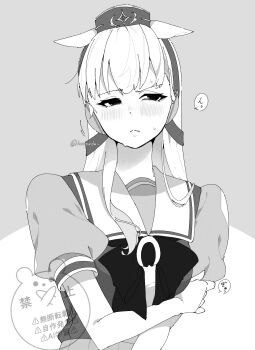 1girl absurdres blush bow closed_mouth gold_ship_(umamusume) greyscale hat highres holding_own_arm koroeda6 long_hair looking_to_the_side monochrome sailor_collar school_uniform short_sleeves solo sweat tracen_school_uniform umamusume