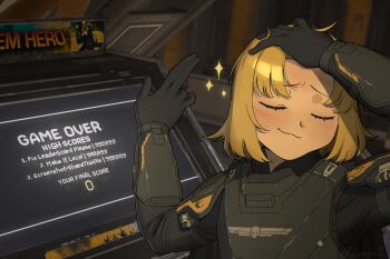 :3 arcade_cabinet black_gloves blonde_hair blush brushing_hair bulletproof_vest closed_eyes commentary english_commentary english_text game_screenshot_background gloves helldiver_(helldivers) helldivers_(series) highres meme naoya_hitting_choso_without_looking_(meme) screenshot_background seaf_soldier_(helldivers) short_hair skull sparkle xanran