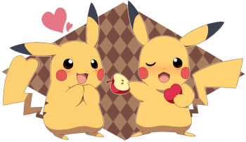 apple bad_id bad_pixiv_id blush food fruit gen_1_pokemon heart holding holding_food holding_fruit nintendo no_humans one_eye_closed open_mouth pikachu pokemon pokemon_(creature) riisu sexual_dimorphism sharing wink